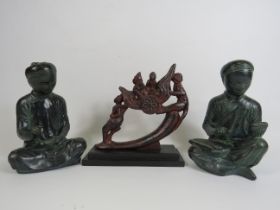 Pair of Austin scholar bronze effect sculptures, 22cm(one has had repair). Plus a Hindu sculpture.