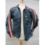 Gents Blue leather Motorcycle Jacket with Red & White Stripes to sleeves. Uk size Small to Medium. S