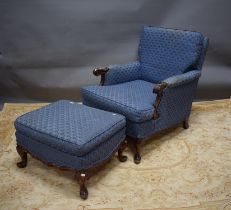Long low chair with footstool in blue upholstery. Carved decoration. See photos. S2