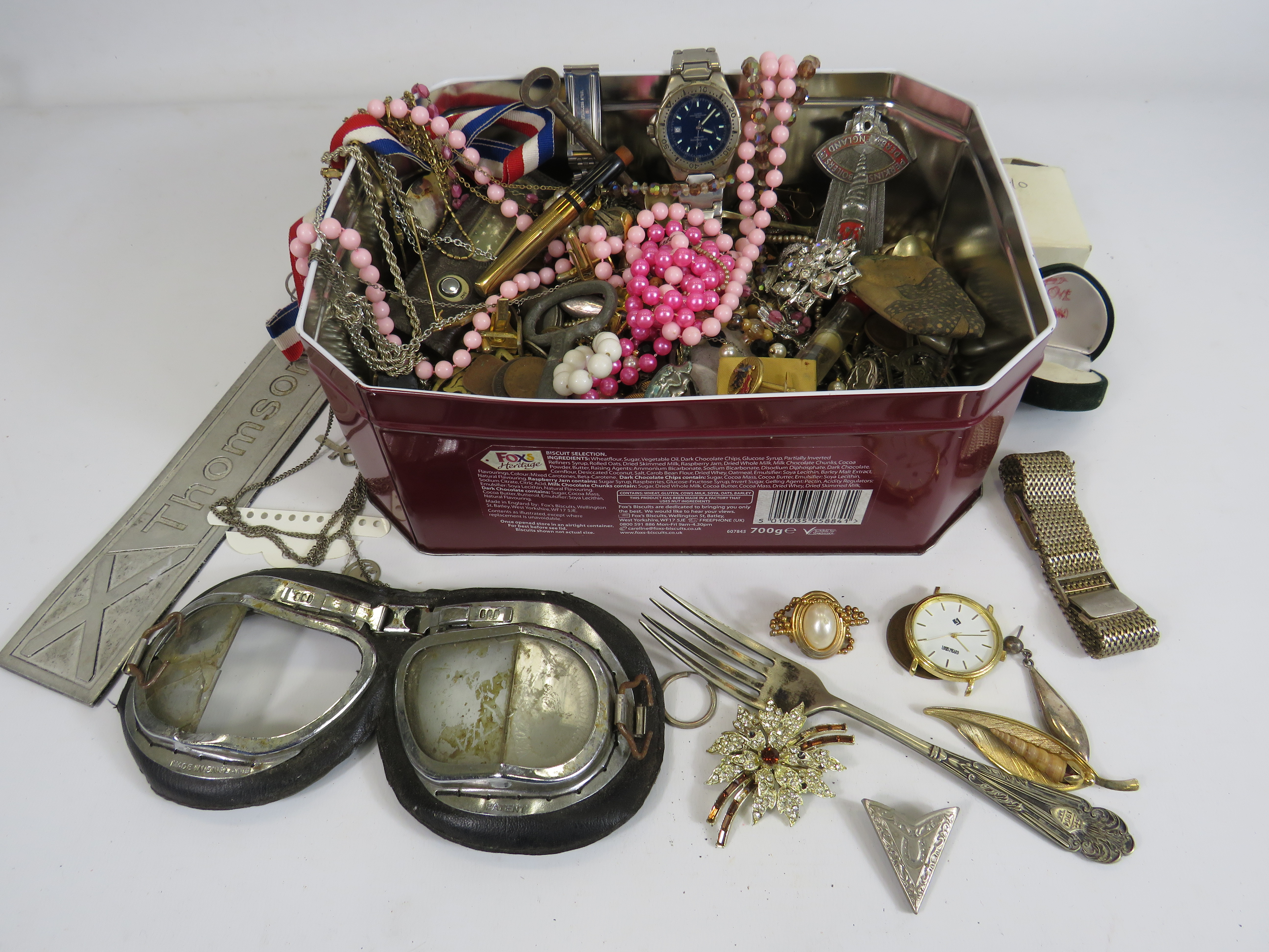 Tin containing a quantity of mixed collectables including coins, costume jewellery etc.