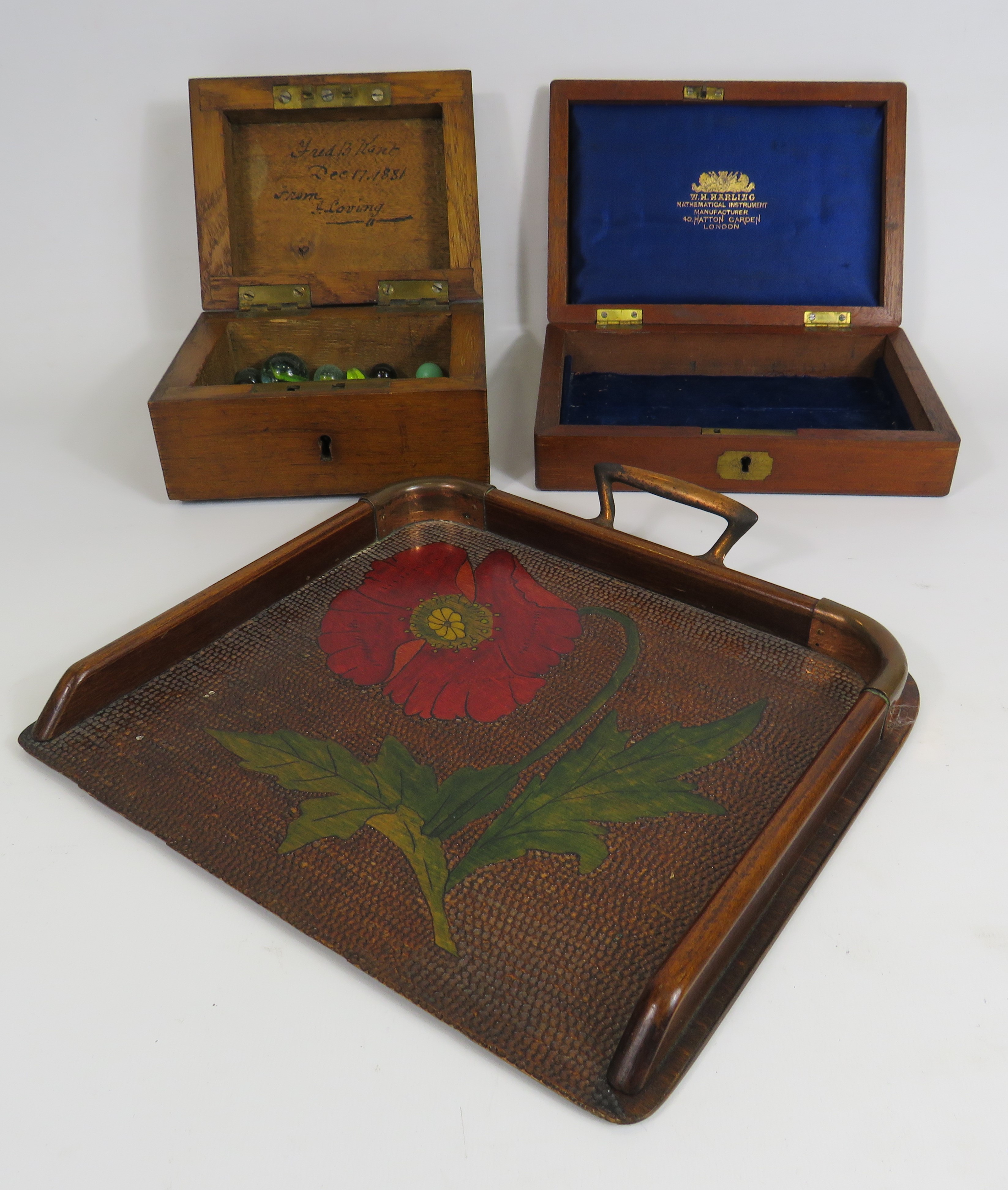 2 Vintage wooden storage boxes and contents of mables plus a vintage crumb tray decorated with a