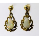 Pair of pretty Opal Set earrings in 9ct Yellow Gold Mounts approx 20mm long. See photos. 