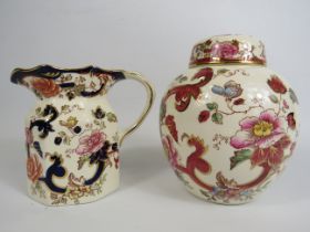 Mason Mandalay blue jug and a Masons Mandalay red ginger jar. Ginger jar 19cm tall.