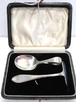 Boxed Hallmarked Silver Childs Christening set of a spoon and pusher. Total Silver weight 36.3g