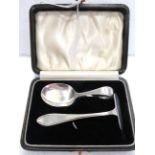 Boxed Hallmarked Silver Childs Christening set of a spoon and pusher. Total Silver weight 36.3g