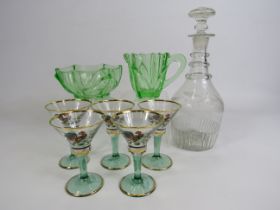 Victorian decanter, uranium glass jug and bowl and five sherry glass with cockerel detail.