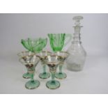 Victorian decanter, uranium glass jug and bowl and five sherry glass with cockerel detail.