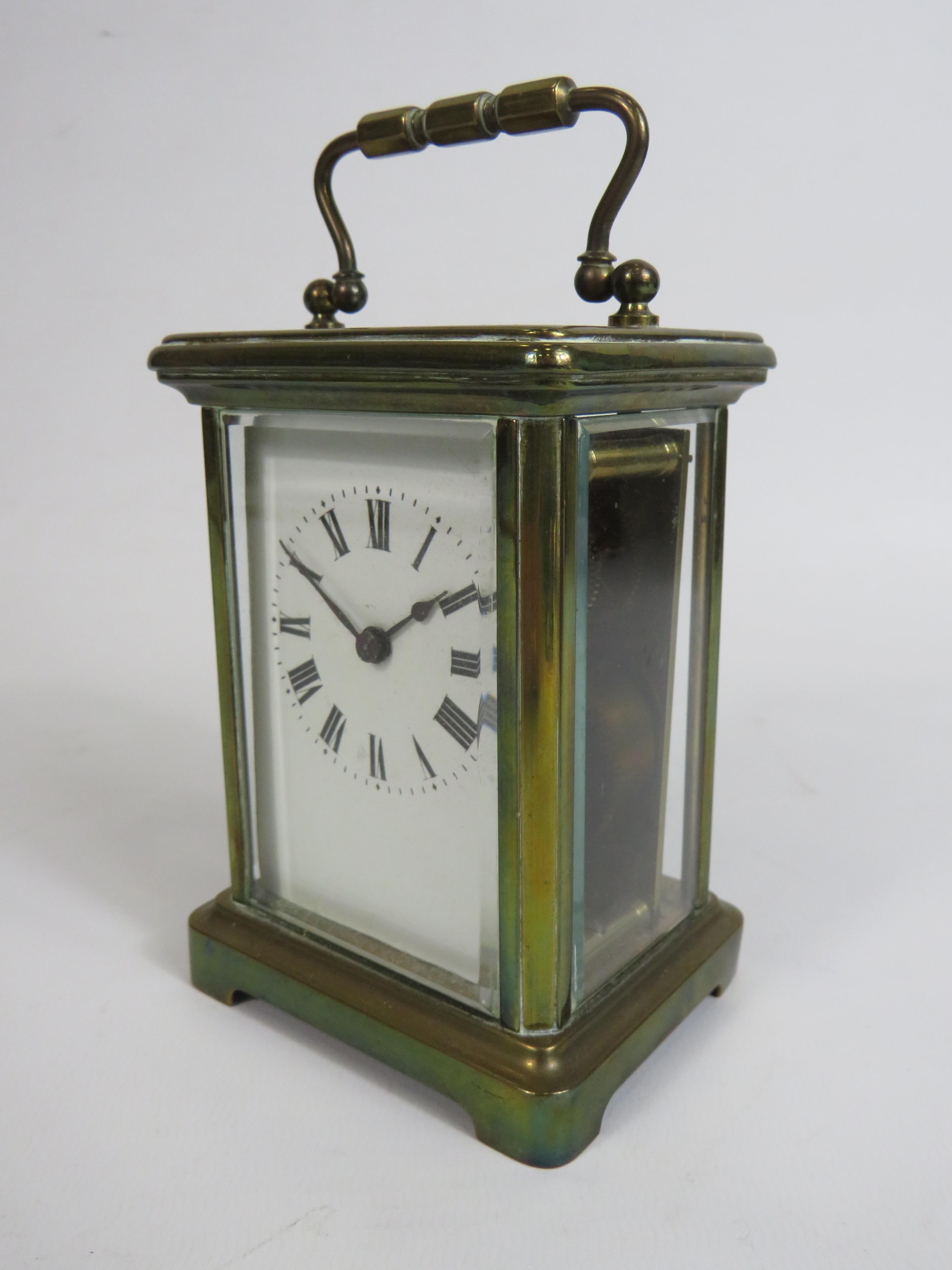 Pretty Brass Cased Carriage Clock with Key, enamel face. Running order 4.5 inches tall. ( door opens - Image 2 of 7