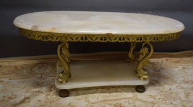 Gilt metal and Marble coffee table raised on bun feet with stylised Dolphin supports and