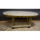 Gilt metal and Marble coffee table raised on bun feet with stylised Dolphin supports and