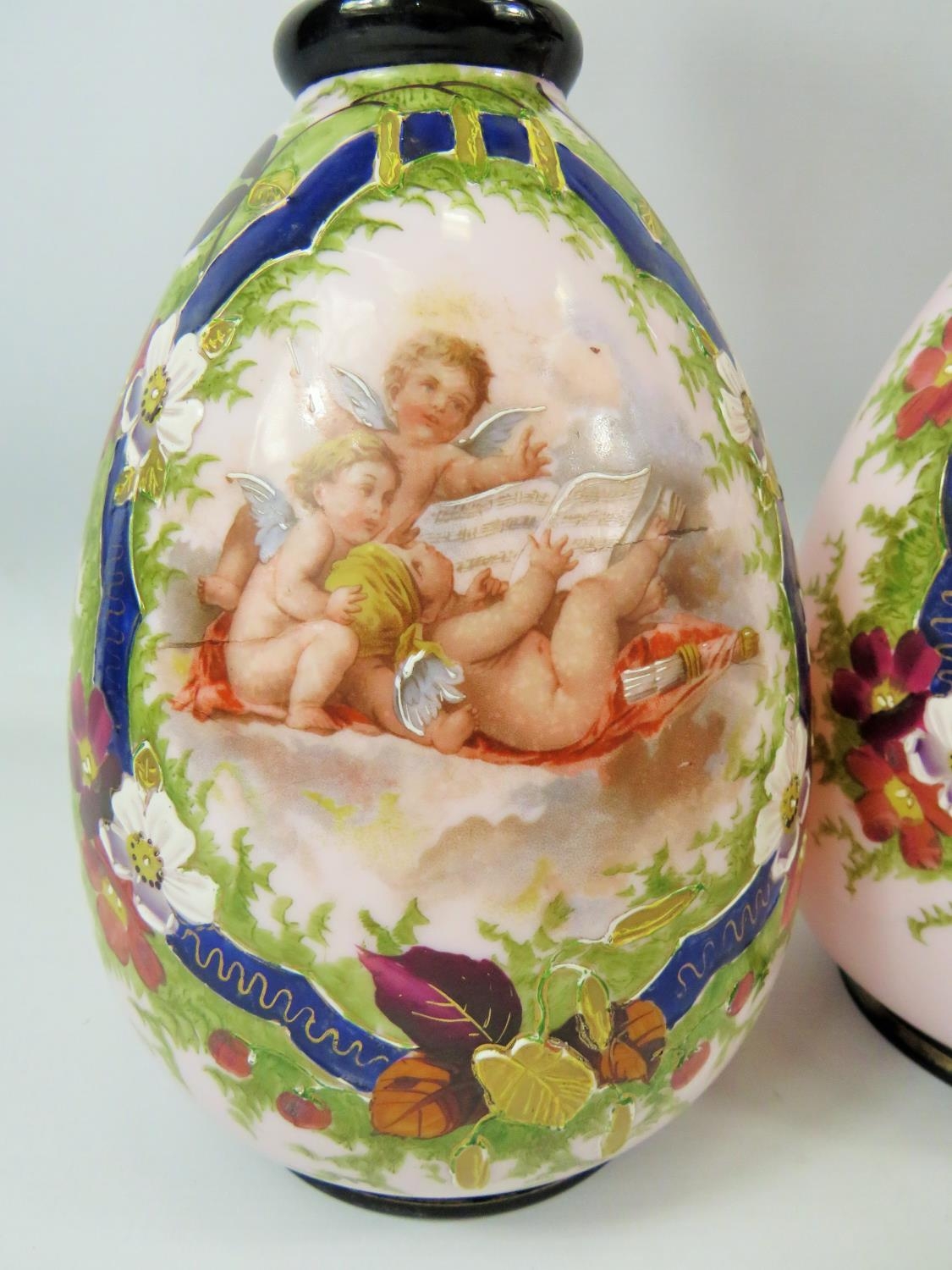 Pair of Milk Glass Vases which have transfer print and hand applied decoration showing cherubs. Each - Image 2 of 6