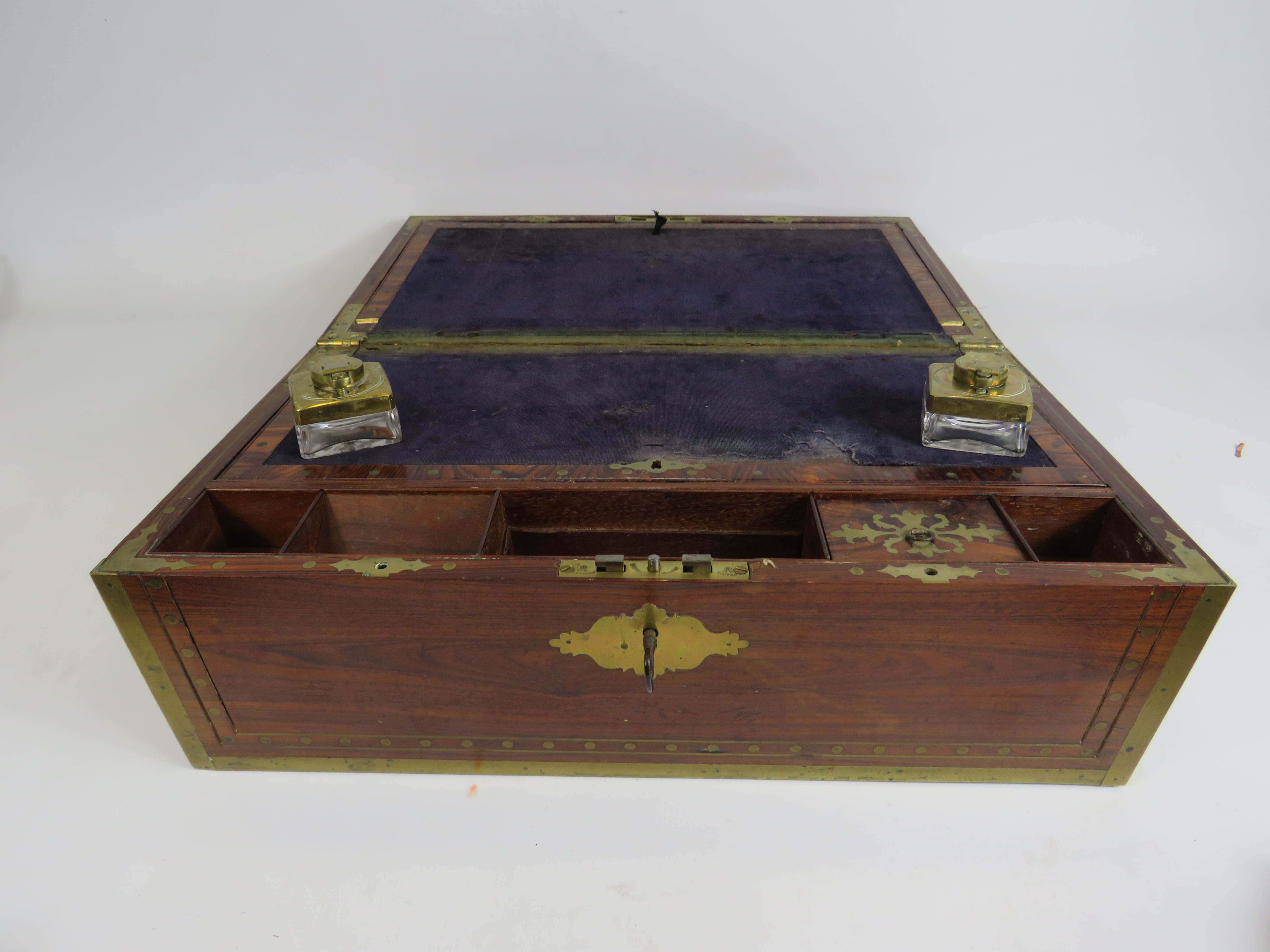 Large Antique wooden writing box with brass inlay, twin handles 17 3/4" long 10.5" deep and 7" - Image 2 of 7