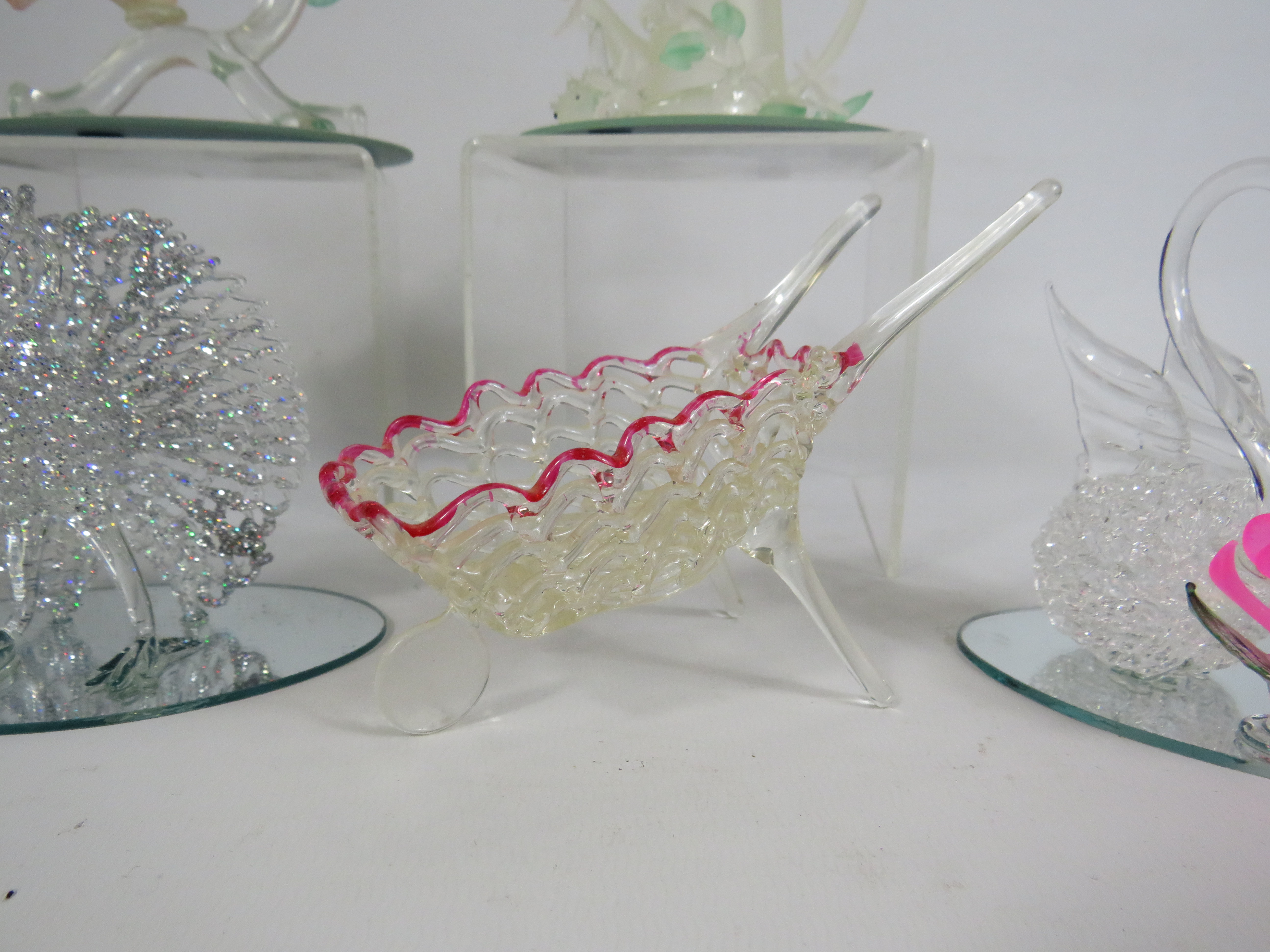 Five art glass figurines on mirrored bases and a lattice glass wheel barrow, - Image 2 of 3