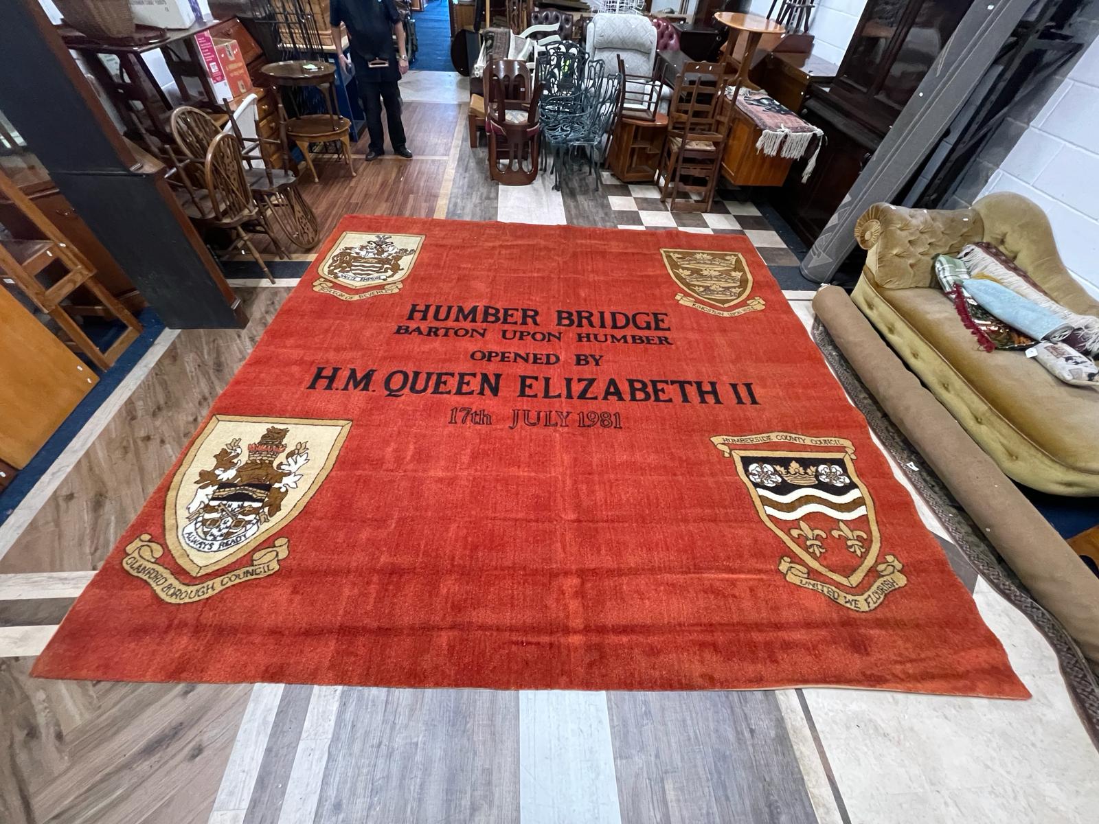 Large ceremonial carpet used by Her Majesty the Queen on the opening of the Humber Bridge.