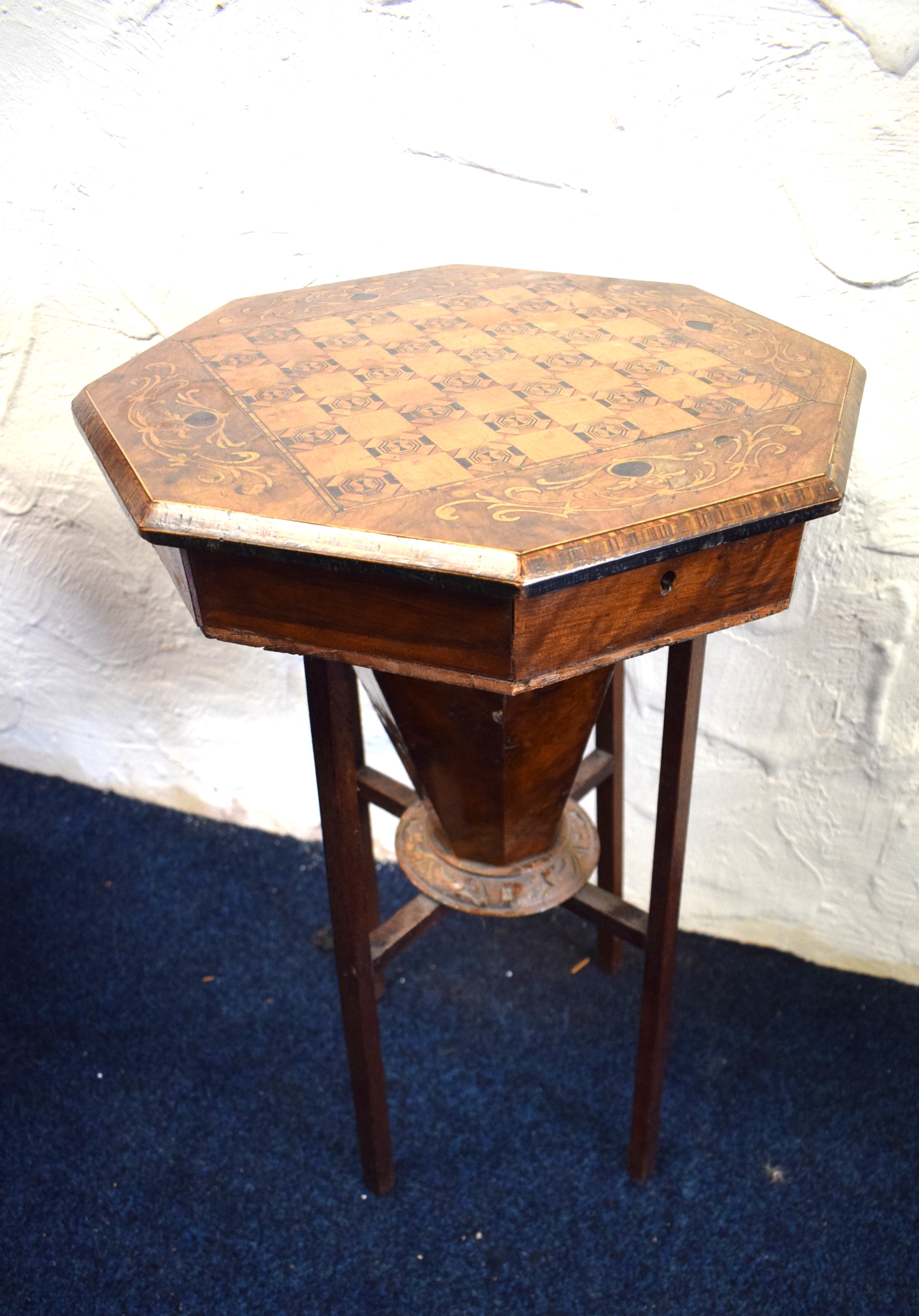 Antique Sewing table with compartmental top. Raised on four legs. See photos. Some repairs needed. 