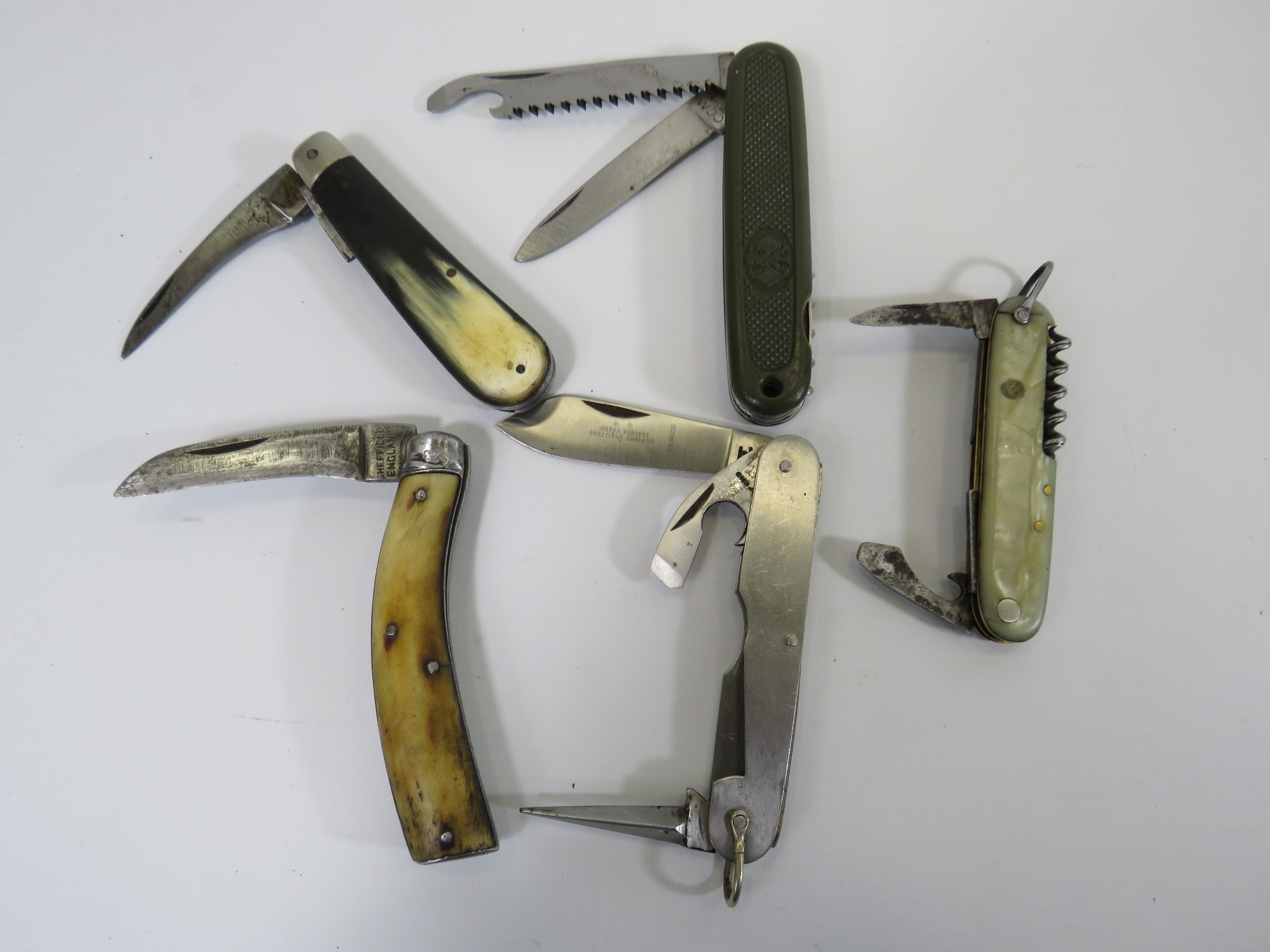 5 Vintage penknives some with multi tools, 2 have got broken blades see pics.