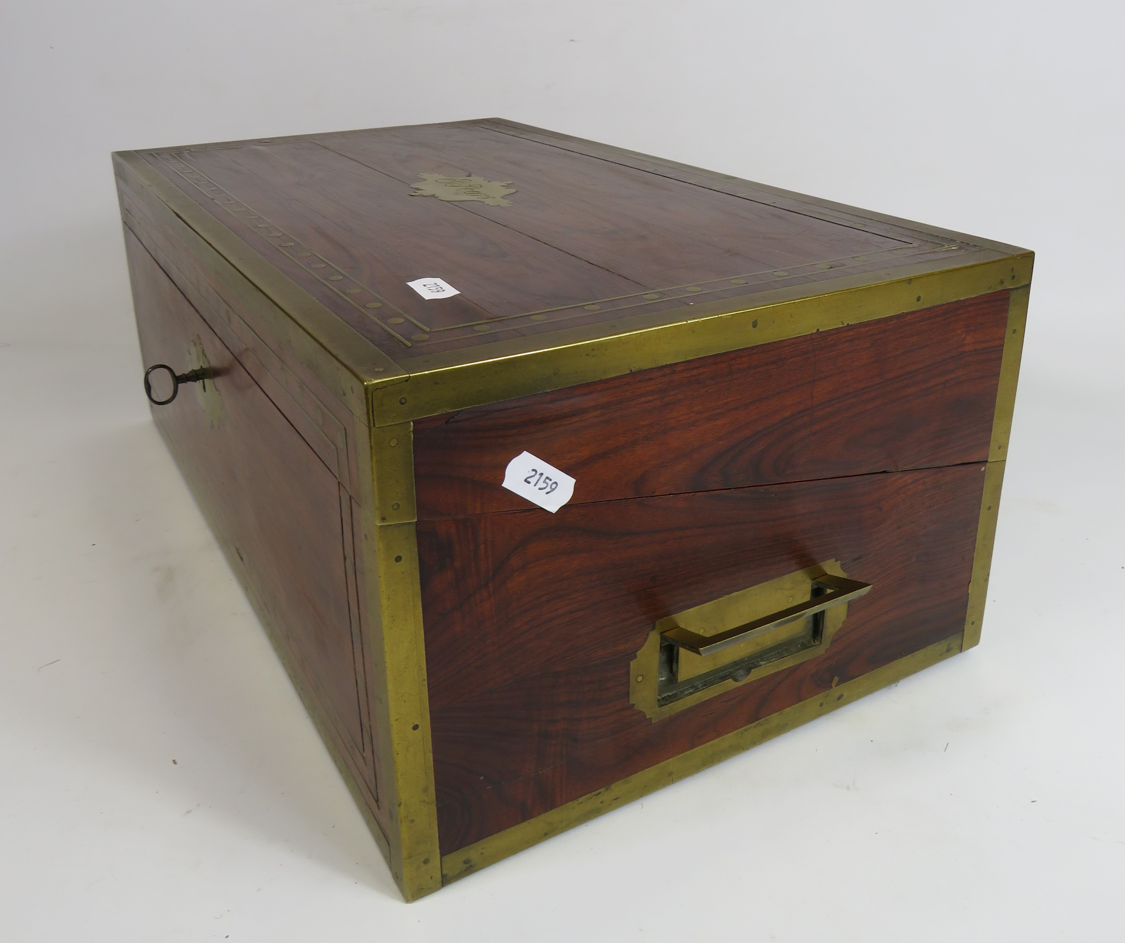 Large Antique wooden writing box with brass inlay, twin handles 17 3/4" long 10.5" deep and 7" - Image 7 of 7