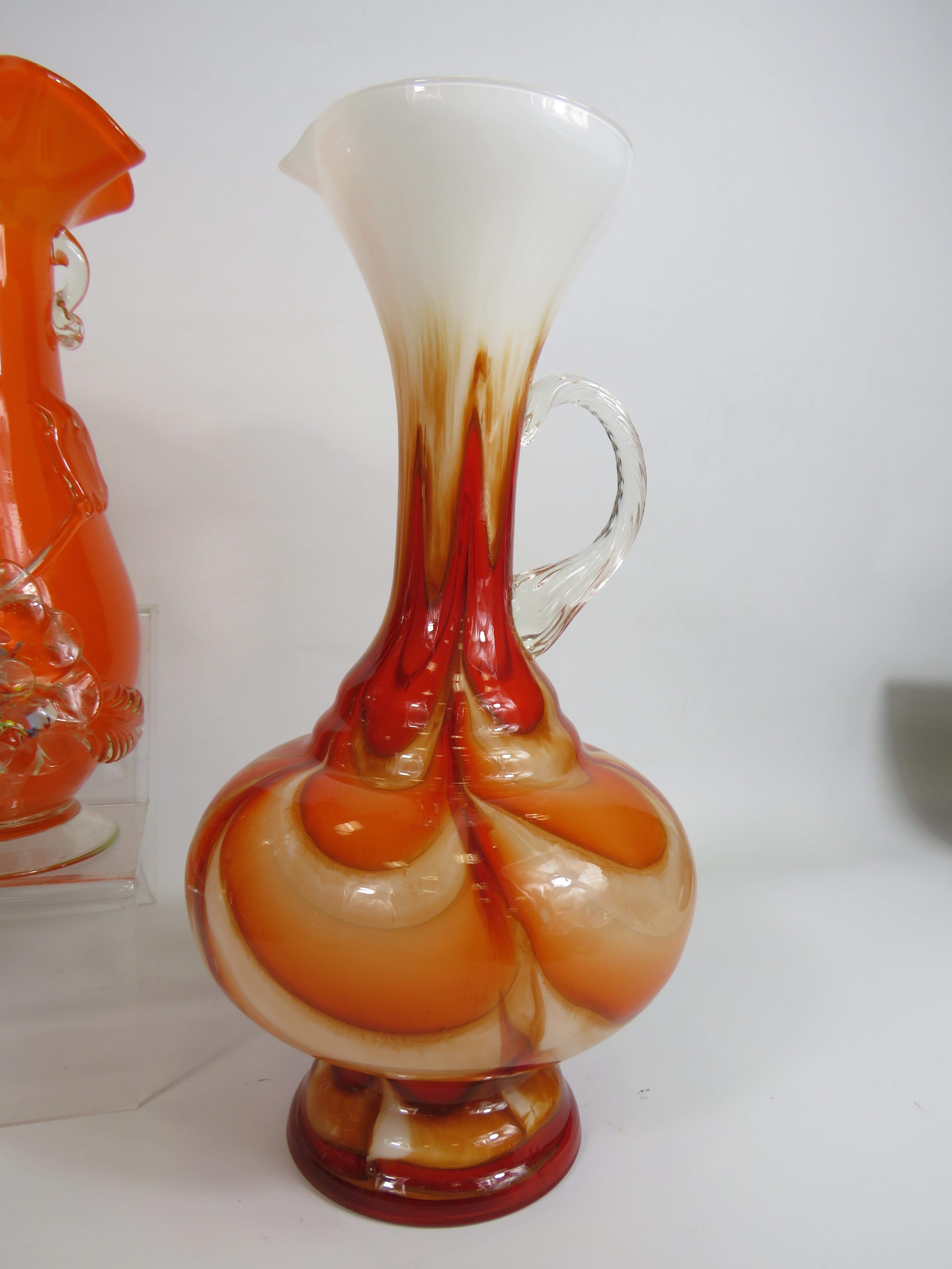 Mid Century Carlo Moretti murano art glass jug, plus two other art glass vases and a art glass bag. - Image 2 of 4