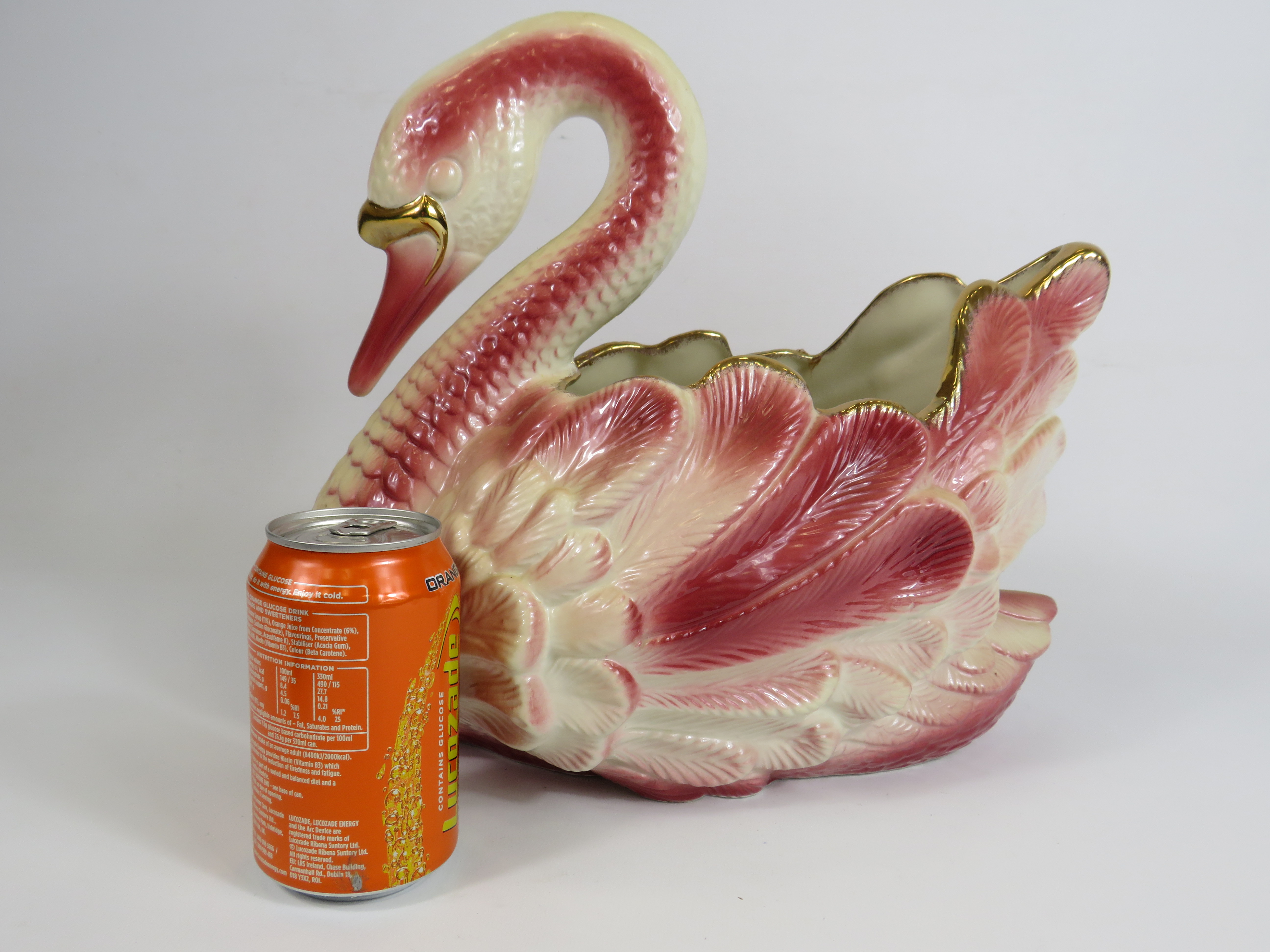 Large Staffordshire pink and gold ceramic swan planter, 31cm tall and 33cm long. - Image 2 of 3