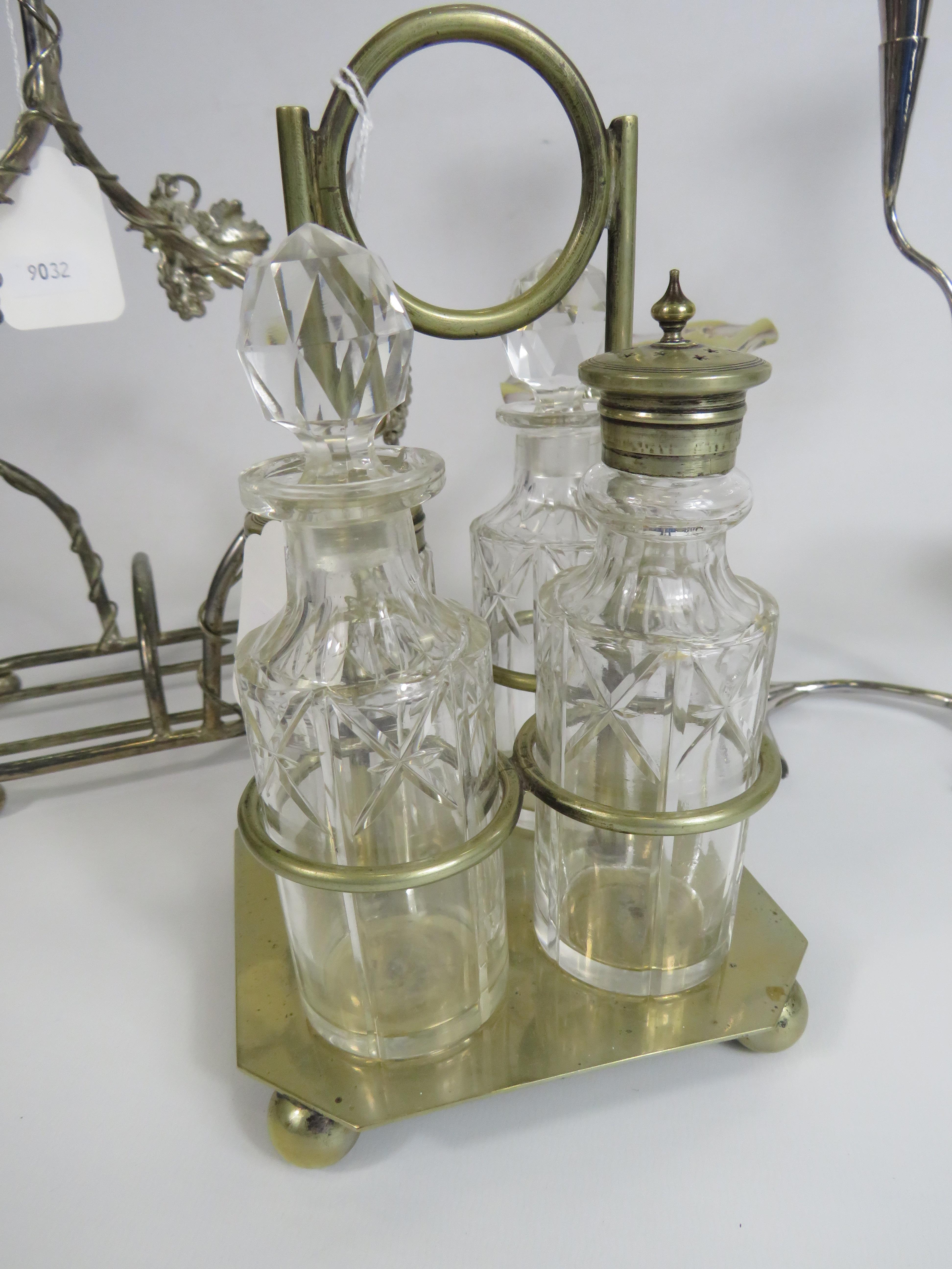 Silver plated cruet set, Epergne vase and a white metal bottle holder. - Image 2 of 4
