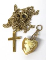 24 Inch 9ct Yellow Gold Chain together with a small 9ct Crucifix and a small 9ct Cameo set pendant.