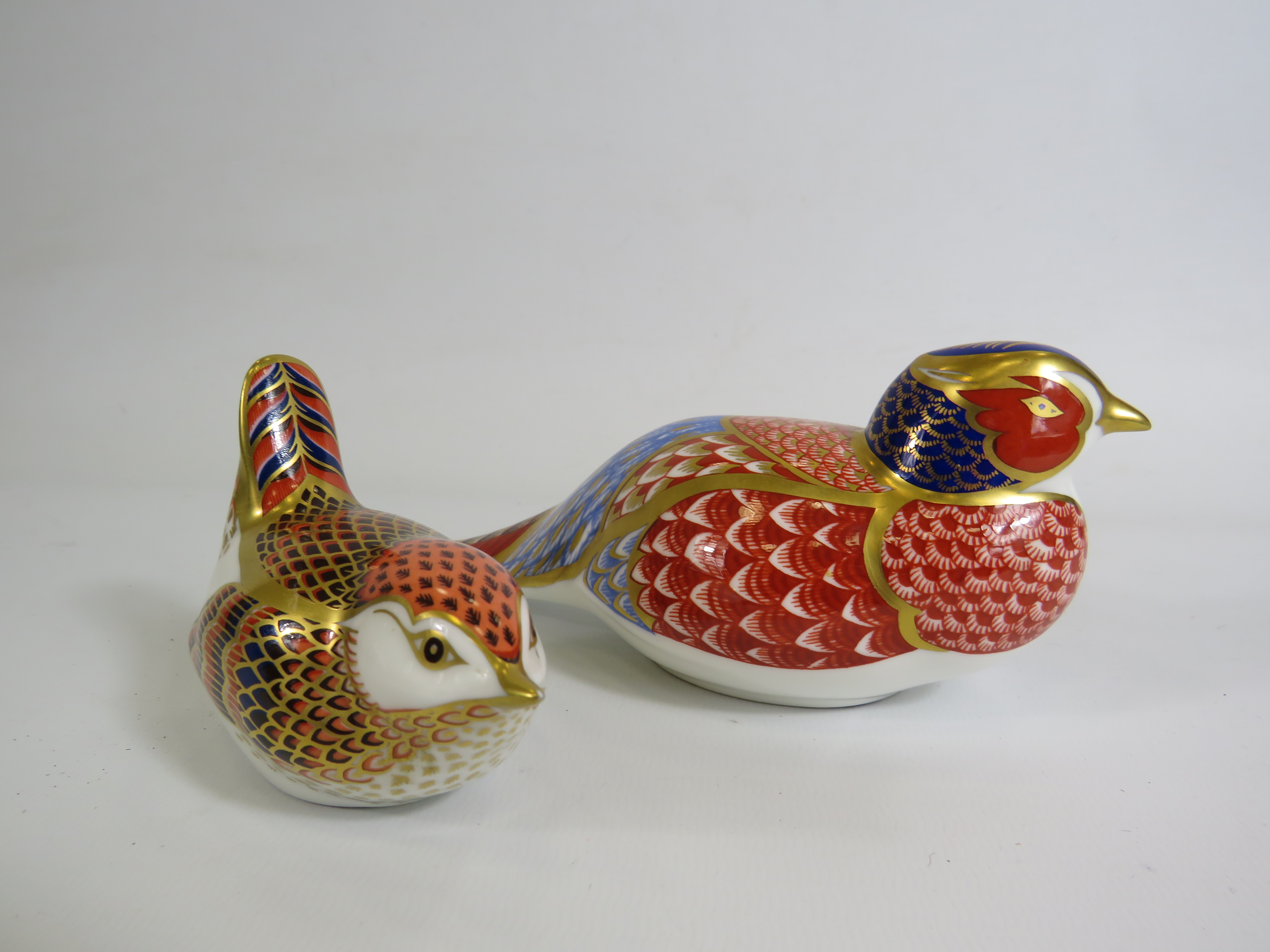 Two Royal Crown Derby Paperweights Pheasant and Wren with silver buttons, 681788