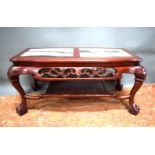 Oriental  Rosewood Table with marble top and pierced decoration H:18 x W:38 x D:20 inches.   See pho