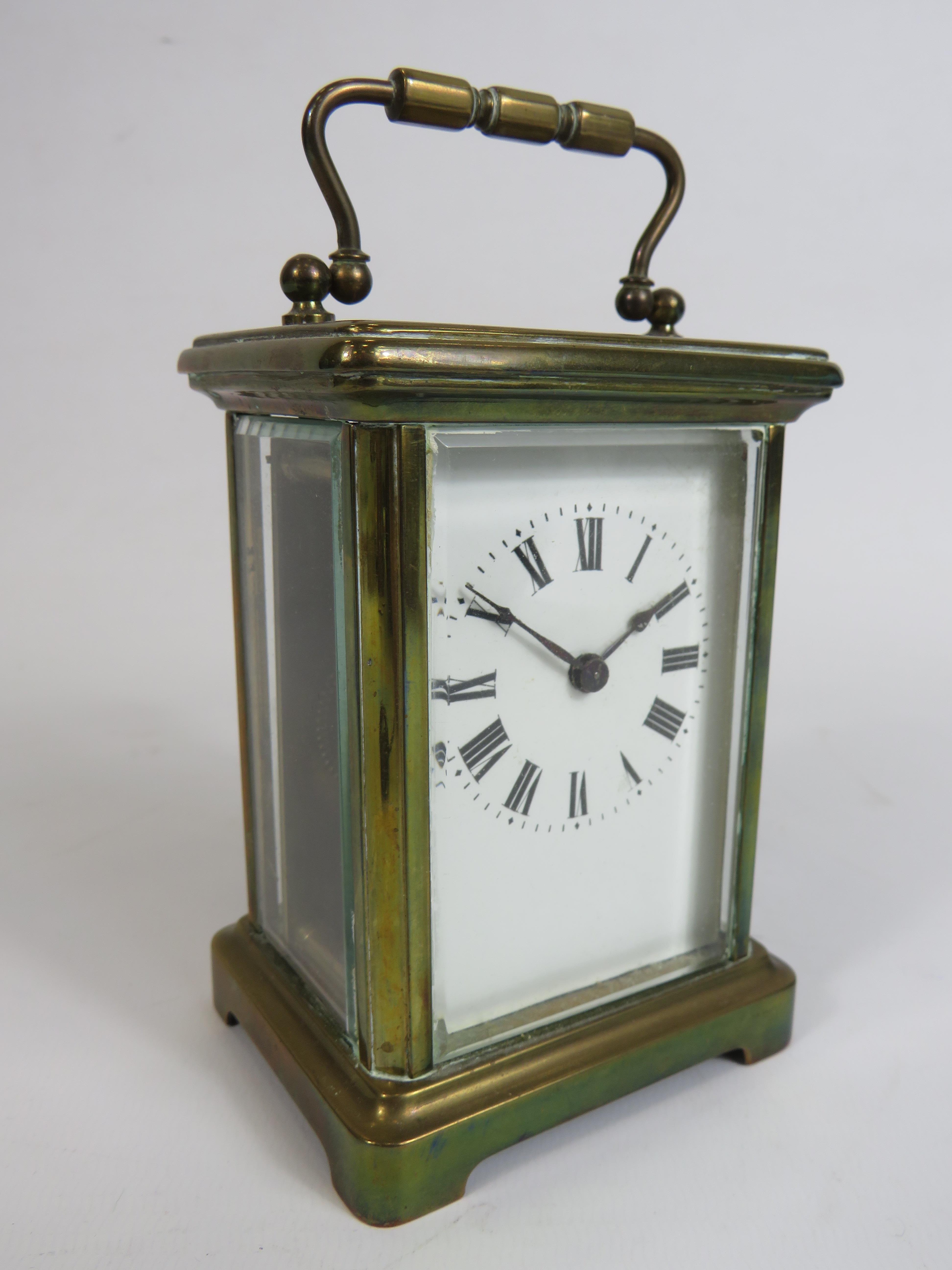Pretty Brass Cased Carriage Clock with Key, enamel face. Running order 4.5 inches tall. ( door opens - Image 3 of 7