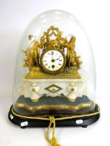 Ornate Late 19th Century Mantle clock under large Glass Dome. Comes in three sections. Marble body w