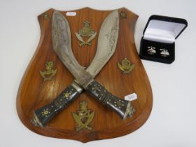 Nepalese Gurkha shield mounted with kukri knives and regimental badges plus a pair of Royal