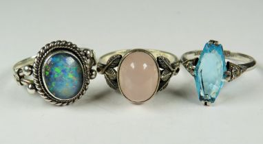 Three Stone Set Silver Rings to include one Opal. Ring Sizes 'S' 'Q' & 'O' See photos