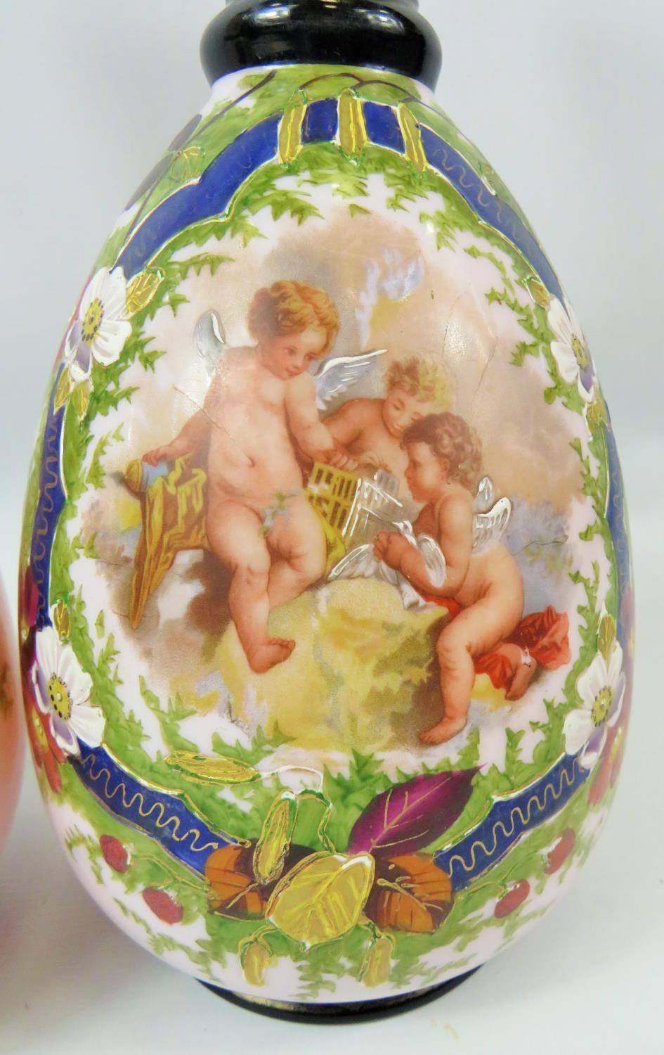 Pair of Milk Glass Vases which have transfer print and hand applied decoration showing cherubs. Each - Image 3 of 6