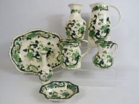 7 pieces of Masons Ironstone in the Green chartruese pattern.