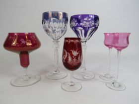 Selection of glasses including Bohemian cut to clear hock glasses. Small pink glass do have chips to