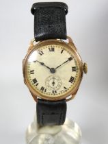 Swiss made 15 Jewel watch with leather strap, Subsidary dial. 9ct Case & Bezel.  Non runner for spar