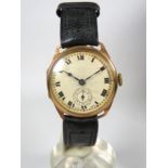 Swiss made 15 Jewel watch with leather strap, Subsidary dial. 9ct Case & Bezel.  Non runner for spar