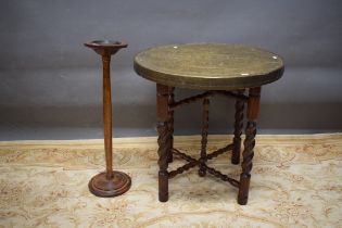 Brass topped Table with oak barley twist legs, Plus Oak smokers stand. See photos