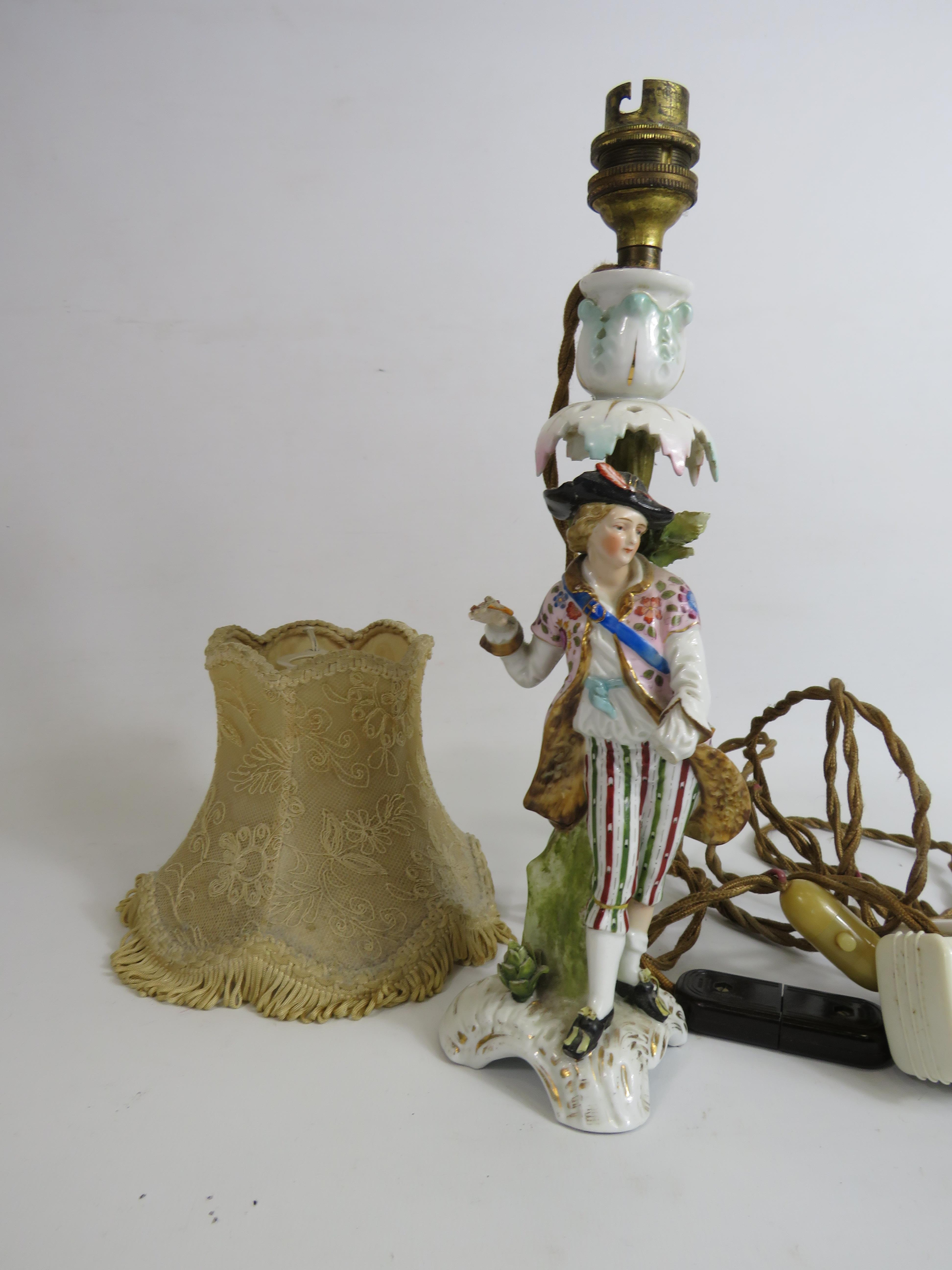 A antique Dresden figural lamp base, would require a wiring update and figure does have damage. - Image 2 of 5