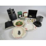 Mixed lot including brewery advertising ashtrays, hip flasks, pin badges etc.