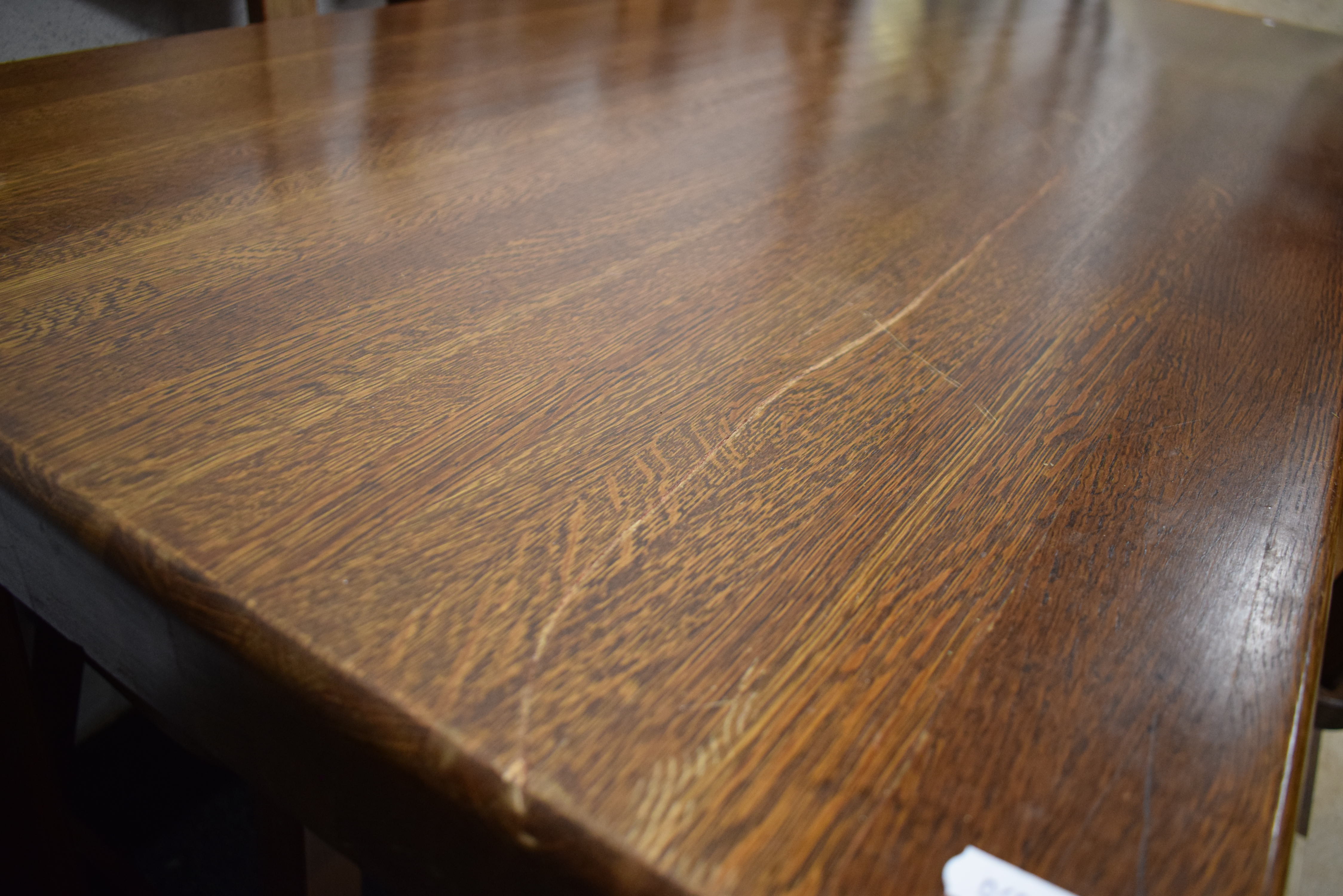 Very Heavy and Solid Oak Dining Table with Six chairs of interesting shape and construction.  See ph - Image 3 of 4