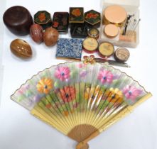 Mixed lot to include pill boxes, vintage make up, Hand painted oriental fan. See photos.
