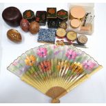 Mixed lot to include pill boxes, vintage make up, Hand painted oriental fan. See photos. 