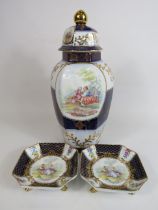 Roselle OCC & Co Staffordshire large lidded vase and two footed trinket dishes. Vase approx 37cm