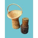 Large wicker basket on stand. Could make log basket plus two ornamental storage bins.  See photos. 