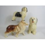 Two Old English sheep dog figurines and a vintage figurine of a Rough Collie dog.