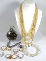 Good Mixed Jewellery lot to include Faux pearls, Costume Rings plus a  Chrome cased Pocket watch in 
