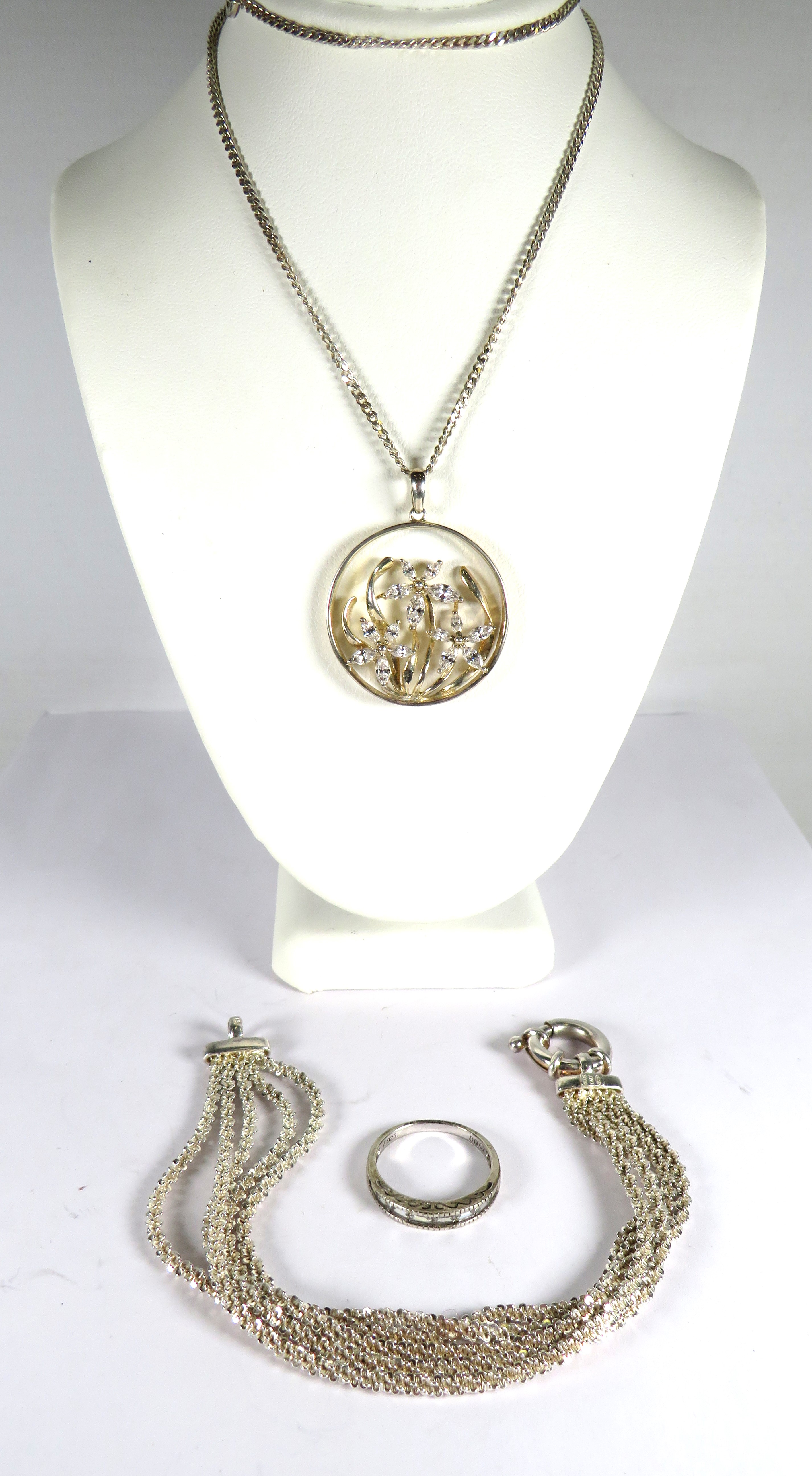 Good Mixed Silver lot to include Stone set Pendant, Chain, Silver ring and multi strand silver brace