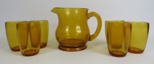 Vintage amber glass lemonade set consisting of a jug and Six glasses.
