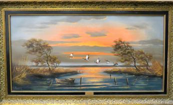 Original Oil on Canvas by Olrig Buchholz, of Ducks Rising from a lake. Mounted in a lovely Gilt fra