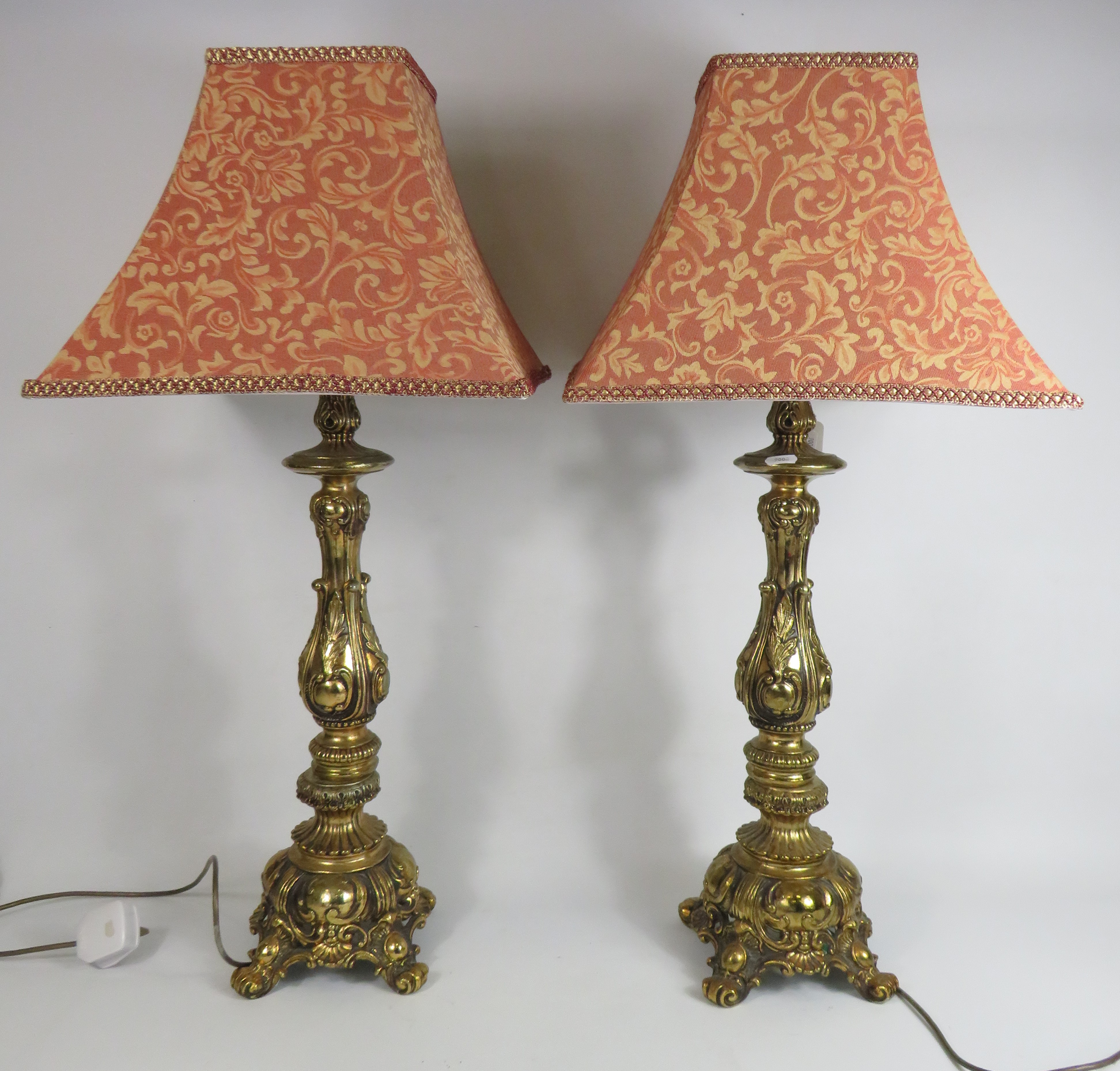 Large Pair of Ornate brass table lamps with shades, 22.5" tall from base to top of light fitting.